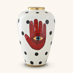 Vasija de Cerámica en Color Blanco con Puntos Negros y Mano con Ojo Místico