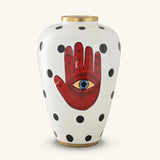 Vasija de Cerámica en Color Blanco con Puntos Negros y Mano con Ojo Místico