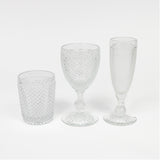 Set con Vaso, Copa de Agua y Flauta Transparente con Piquitos de Vista Alegre.