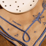 Servilletas Cowgirl en Lino Caramelo con Bordado Azul. Set de 4