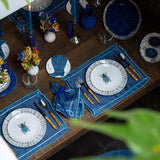 Cocteleras de Bota en Lino Azul con Bordado Turquesa. Set de 4