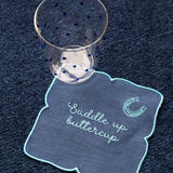 THE HOWDY COWGIRL ZASHPACK: 4 Cocteleras Bota y 4 Cocteleras con Frases Vaqueras en Lino Azul con Bordado Teal.