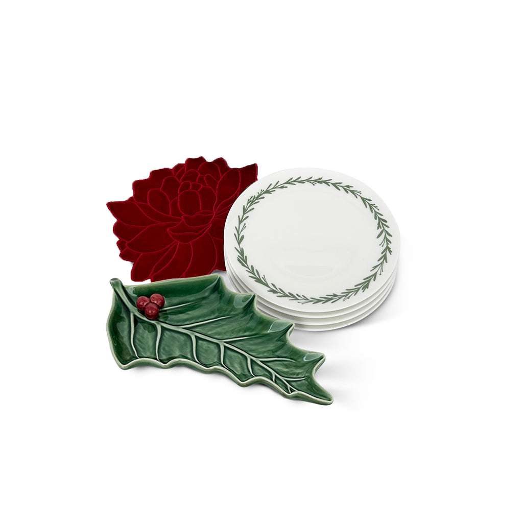 Zaspack Botana Red Bird: Set con platos de botana, cocteleras blossom roja y platito de servir de Muérdago. Perfecto para Navidad. Marca Zash