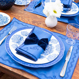 Servilleta Rectangular en Lino Azul con Bordado de Caballo. Set de 4