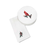 THE CARDINAL ZASHPACK: Set de 4 Servilletas en Lino Blanco con Bordado de Muérdago y 4 Platos de Ensalada con Cardenal Rojo.