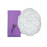 THE WHITE ARTICHOKE ZASHPACK: Set con 4 Servilletas Veggies en Algodón Morado Bordadas con Verduras y 4 Platos para Ensalada en Forma de Alcachofa Blanca de Bodallo Pinheiro.