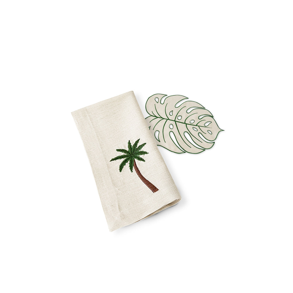 Zashpack con servilletas con palmera bordada y cocteleras en forma de hoja tropical, marca Zash