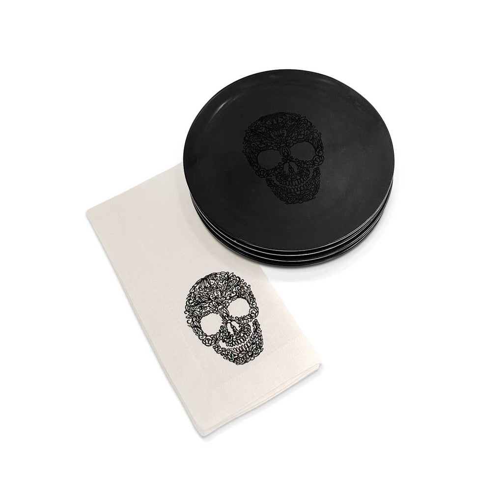 Set de platos con servilletas con Calavera, el setting perfecto para Día de Muertos o Halloween,  marca Zash