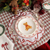 Individuales Red Bow en Lino Blanco con Bordado de Moño Rojo. Set de 4