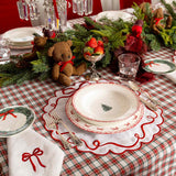 Set de Mantelería Red Bow con individuales y Servilletas en Lino Blanco con Bordado de Moño Rojo. Set para 4 personas