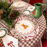 Set de Mantelería Red Bow con individuales y Servilletas en Lino Blanco con Bordado de Moño Rojo. Set para 4 personas