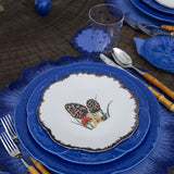 Vajilla con Platos Trinche de Repollo Azul Cobalto y Platos para Ensalada con Hongos Morillas. Set para 4 personas