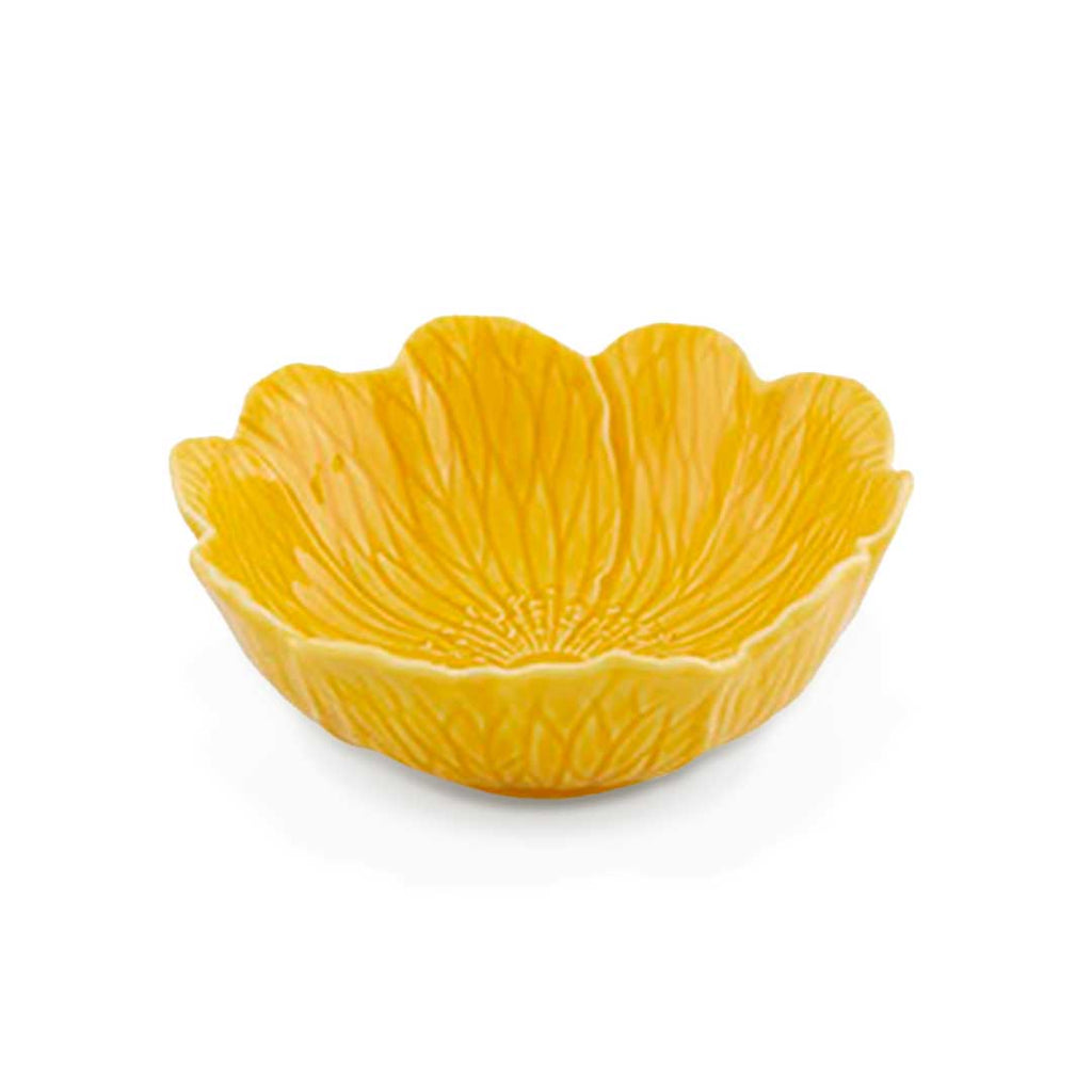 Bowl Flora Amarillo Grande 17cm de cerámica en forma de flor, marca Bordallo Pinheiro. Set de 4