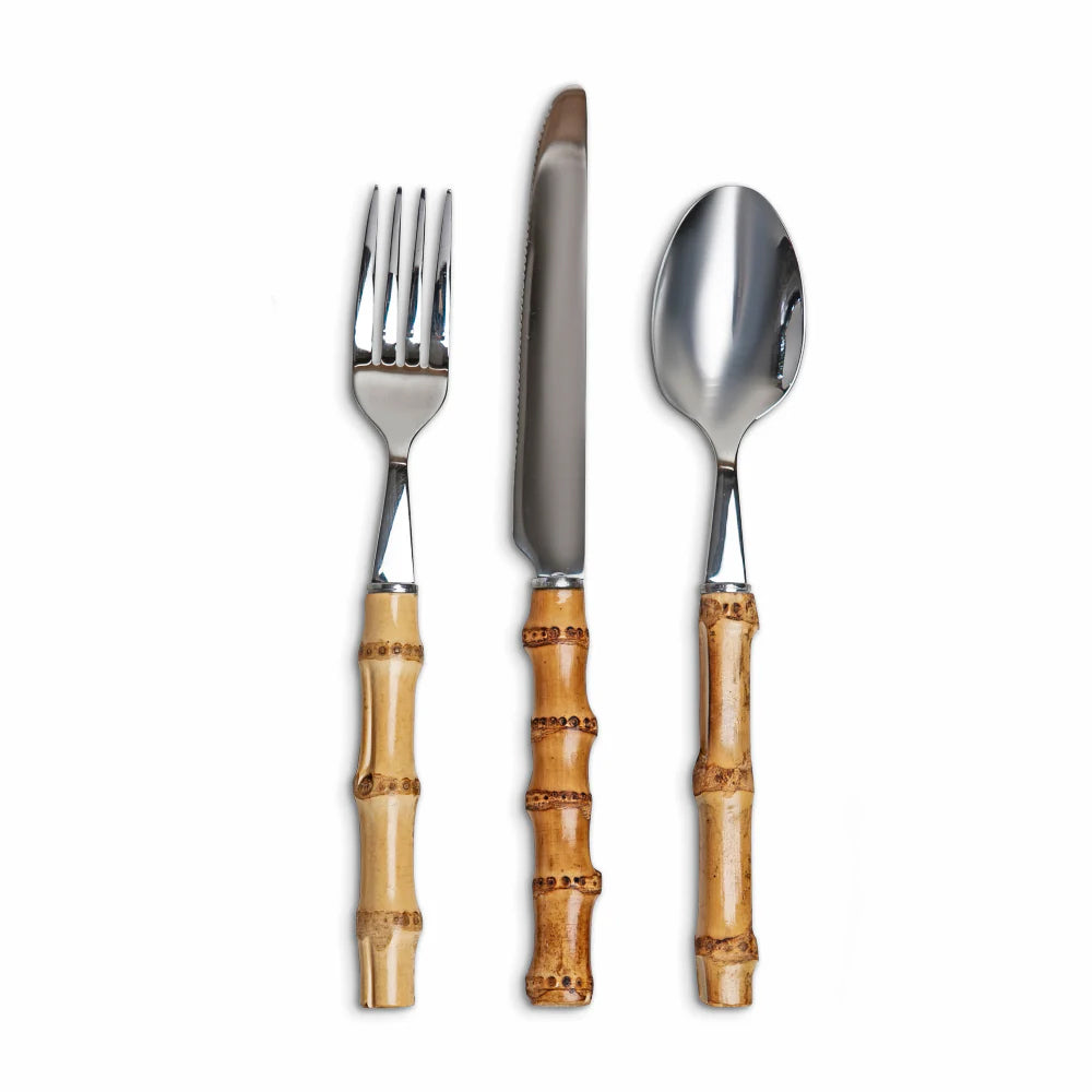 Juego de 3 cubiertos con mango de bambú natural, incluye un cuchillo, un tenedor y una cuchara sopera para 4 personas