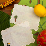 Set de 4 Cocteleras Tropic Rectangular Lino Blanco Bordado Palmera y Tucan detalle