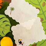 Set de 4 Cocteleras Tropic Rectangular Lino Blanco Bordado Palmera y Tucan