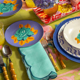 Servilleta Vivi en Lino color Turquesa con Bordado en Contraste. Set 4