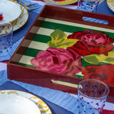 Charola Cuadrada de Madera con Rayas y Flores