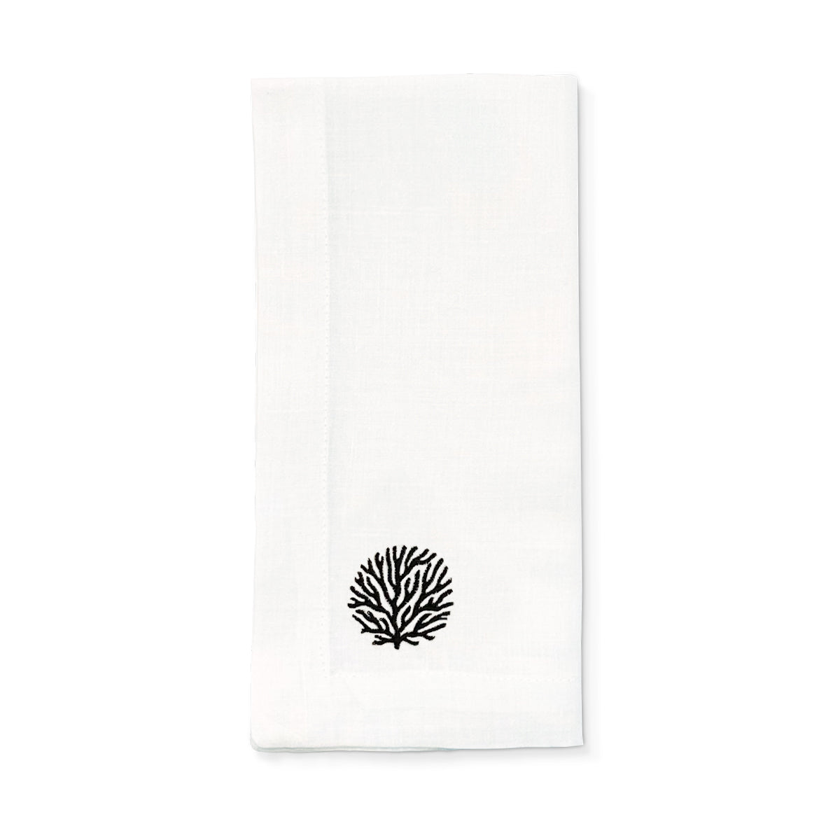 Servilleta de lino blanco con bordado de coral de mar en negro, marca Zash