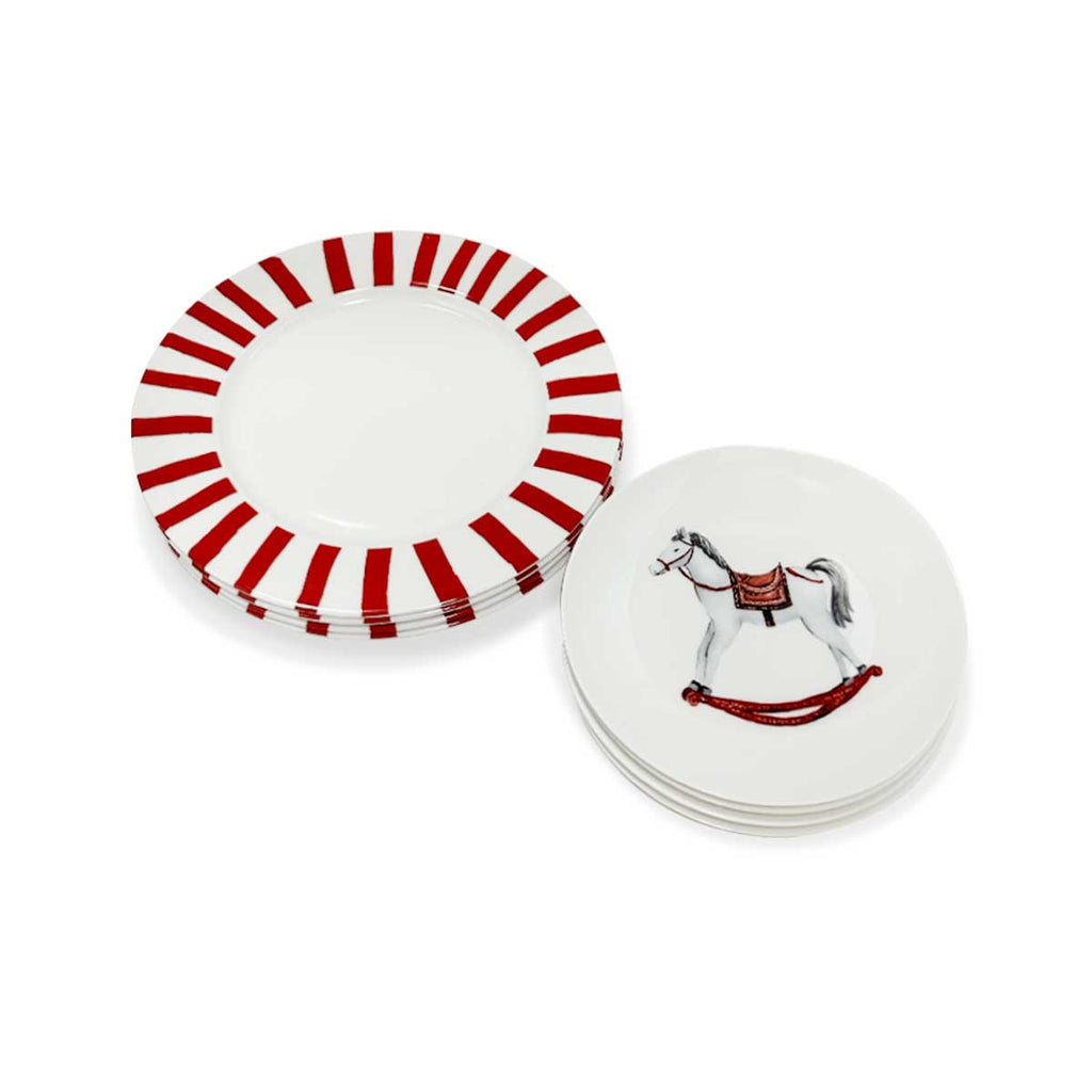 Set de vajilla rocking horse, con 4 platos trinche candy cane rojo y 4 platos de ensalada con caballito de madera, marca Zash