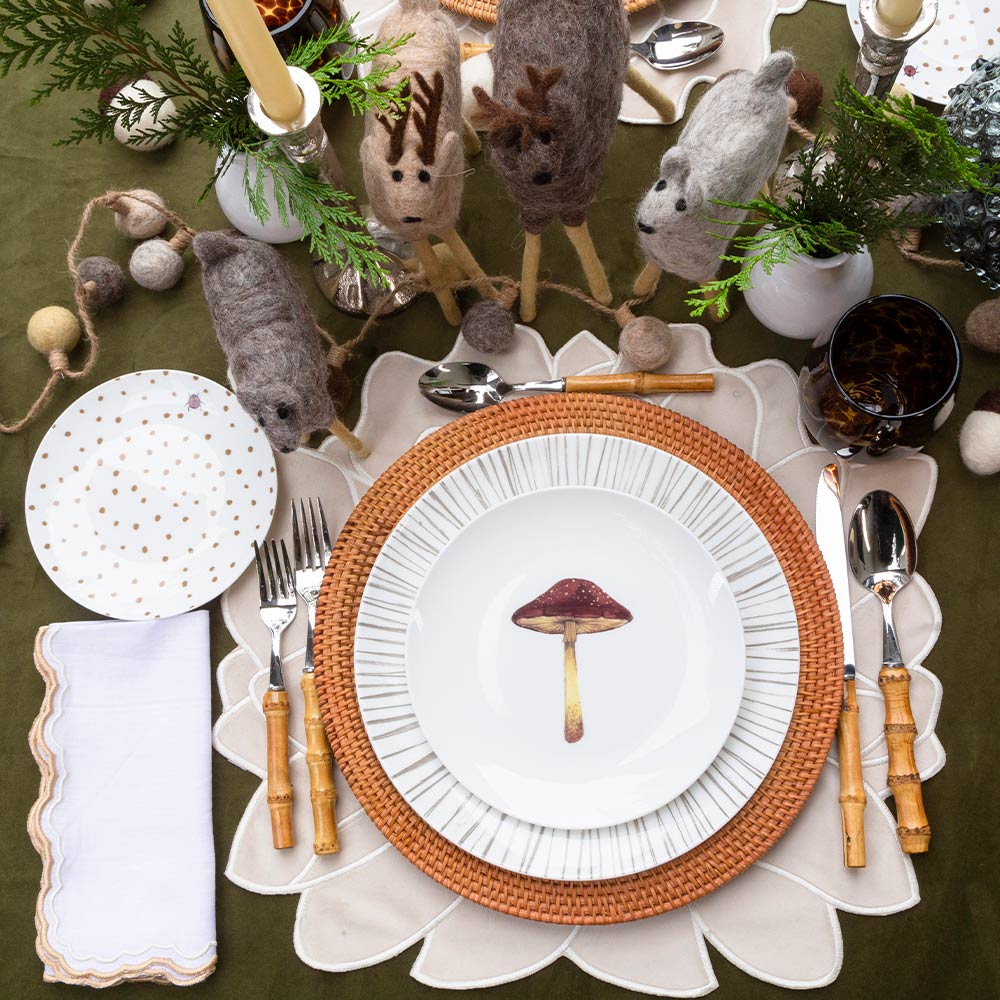 Set de Vajilla Hongo Mágico para 4 Personas con Platos Trinche Rayas Gris Plata, Platos Ensalada Hongo, Platos Pan Catarina (12 piezas)