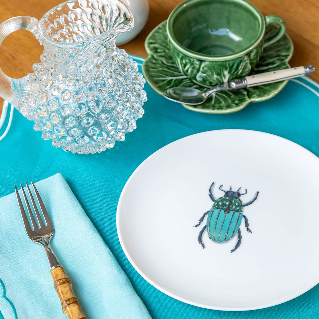 ZASHPACK LUCKY AQUA: Set de Mantelería en Azul Aqua con Plato de Ensalada de Escarabajo. Set de 4