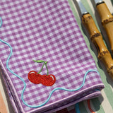 Servilletas Tutti Frutti en Mascota de Algodón de Colores con Bordado de Frutas. Set de 4