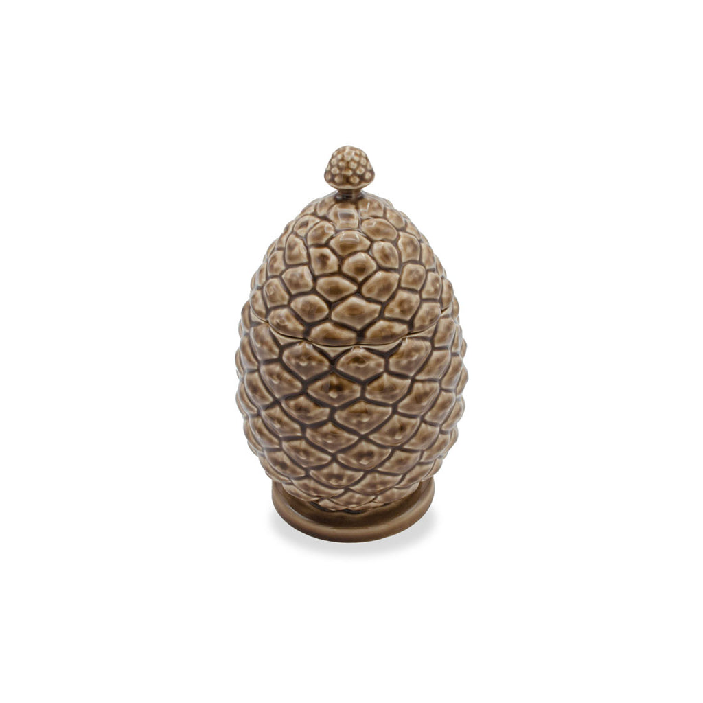 Caja de cerámica café en forma de pinecone o piña de árbol, marca Bordallo Pinheiro