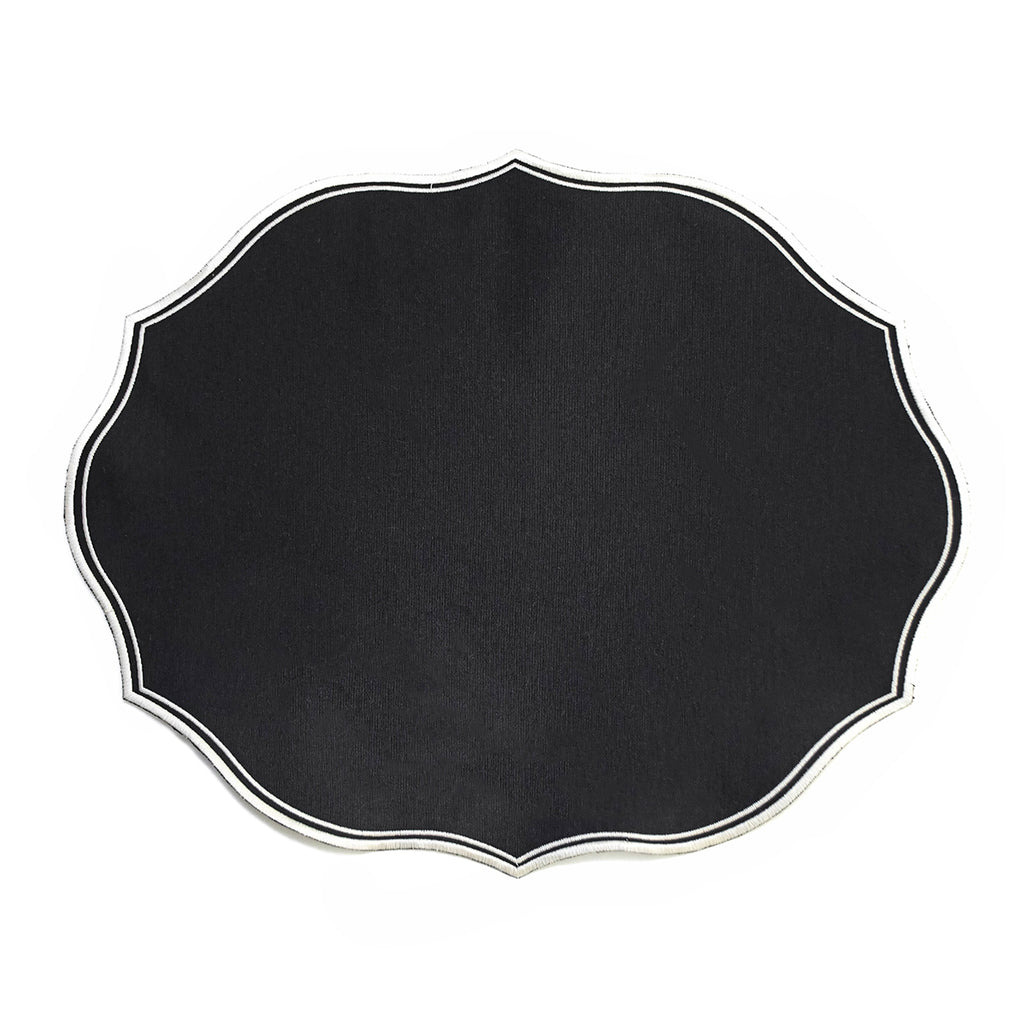 Mantel individual negro Mystic en loneta con orilla bordada en blanco