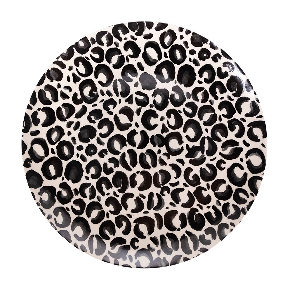 Plato grande trinche de porcelana marca Zash, cheetah print, animal print en gris y negro
