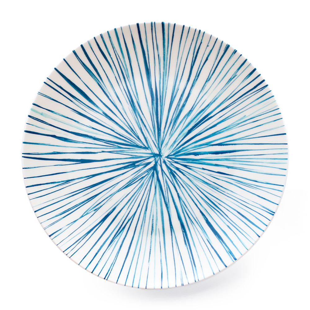 Plato grande trinche de porcelana marca Zash, blanco con rayas azules