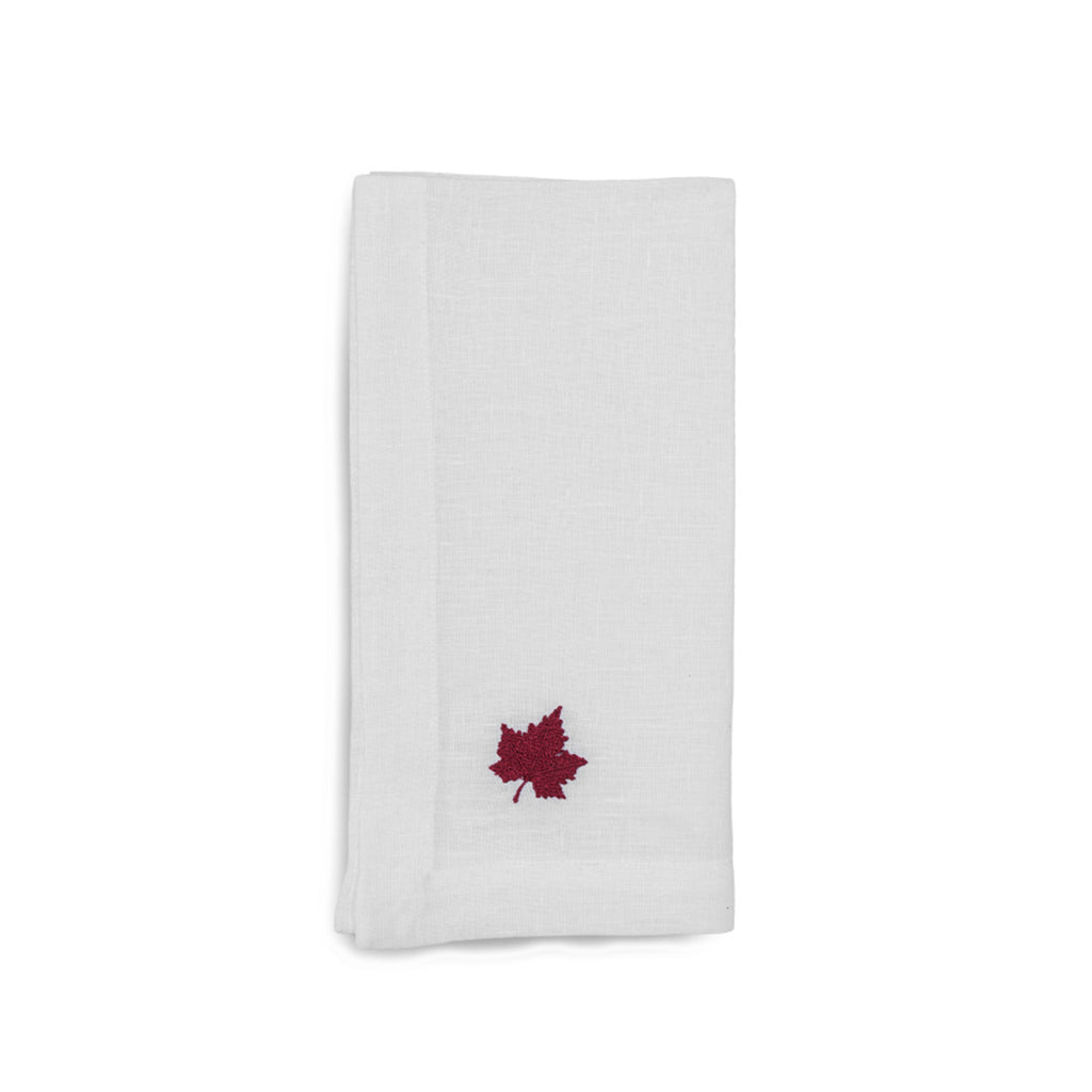 Servilleta de Lino Blanco con Hoja de Maple bordada en Rojo Chedron, marca Zash