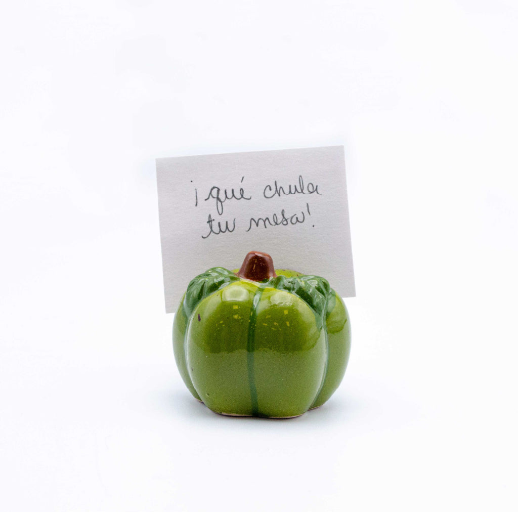 Porta tarjetas personalizadores dee lugares en forma de calabazas de cerámica verde