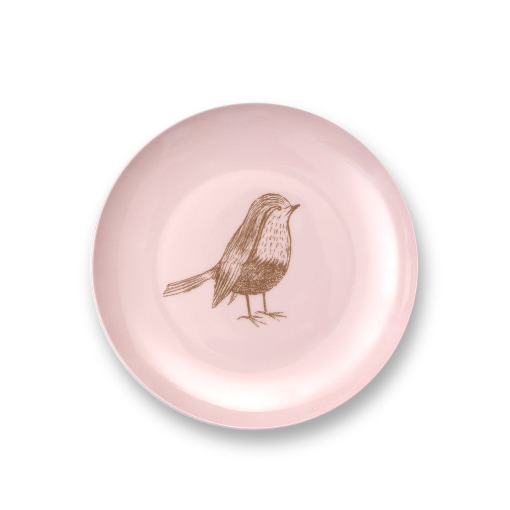 plato pájaro rosa, plato de ensalada, plato mediano, plato pink, plato pascua, plato baby shower, plato ilustrado, plato porcelana marca Zash